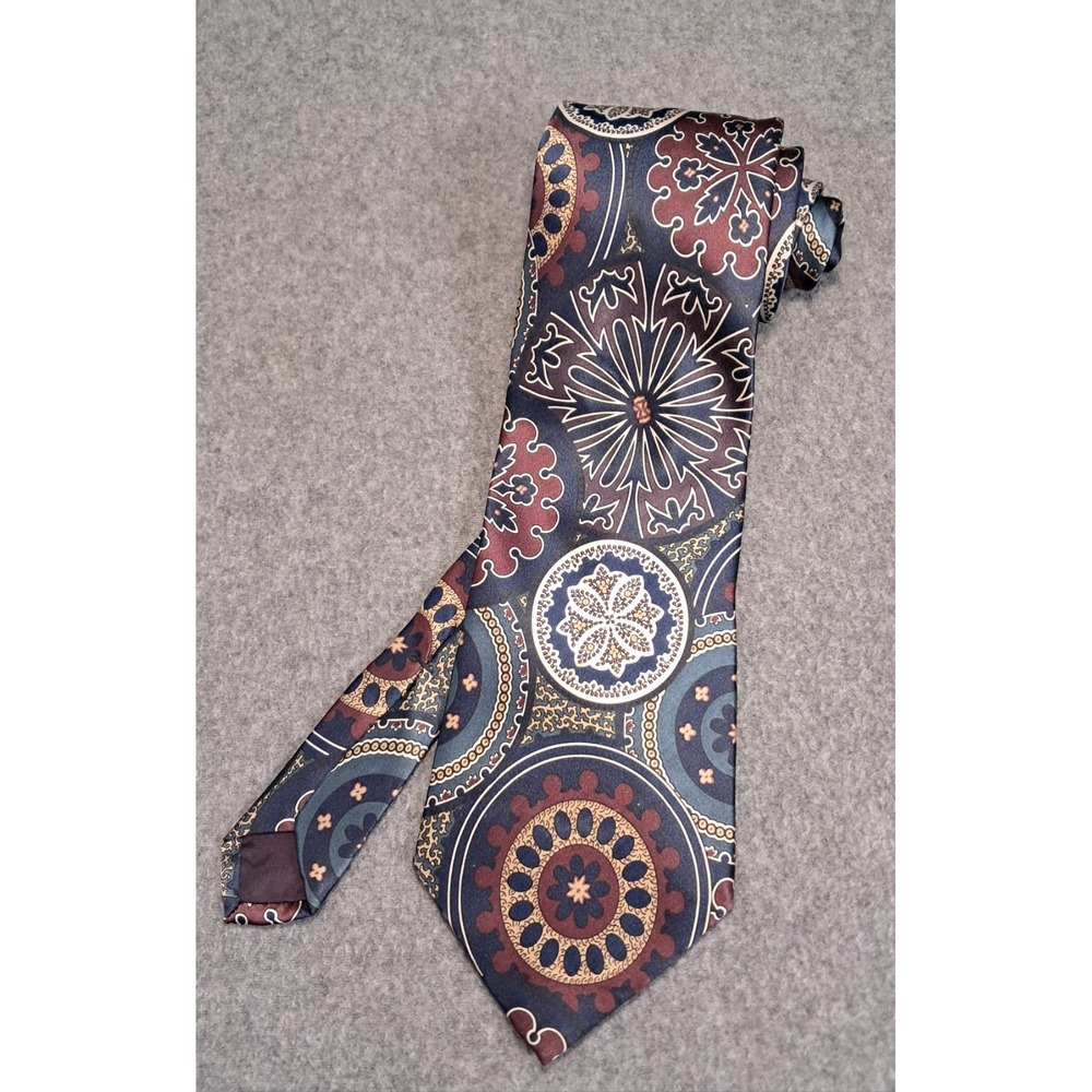 Vintage Savile Row Silk Tie, Geometric Patterns, blue, red, grey, gold